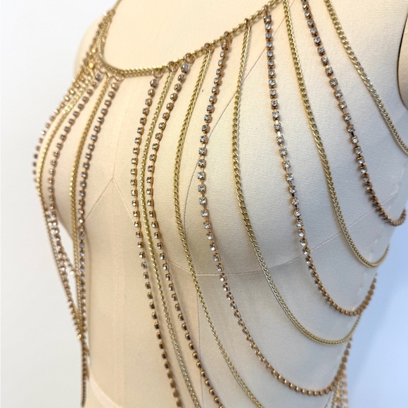 ALTEREDREAMS Tops - ALTEREDREAMS Gold Rhinestone Body Chain Top | Festival Rave Harness | Statement